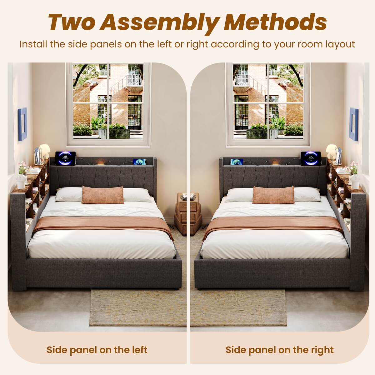 4ft6 Double Ottoman Bed Frame with Hydraulic Storage - Upholstered Linen Bed with LED Headboard, Charging Station, Bedside Shelves and Storage Compartments, Grey