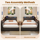 4ft6 Double Ottoman Bed Frame with Hydraulic Storage - Upholstered Linen Bed with LED Headboard, Charging Station, Bedside Shelves and Storage Compartments, Grey