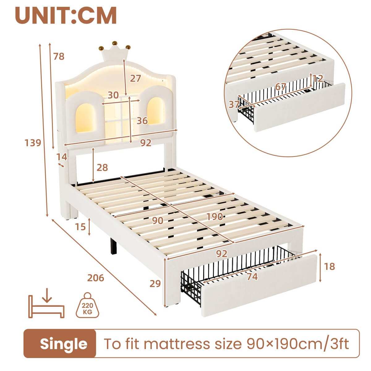 3ft Single Upholstered Storage Bed - Velvet Bed Frame with LED Headboard, Drawer Storage, USB & Type-C Charging Ports, Beige