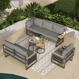 5-6 Seater Rope Woven Garden Furniture Set - Corner Sofa with Armchair and Nesting Coffee Tables, Grey