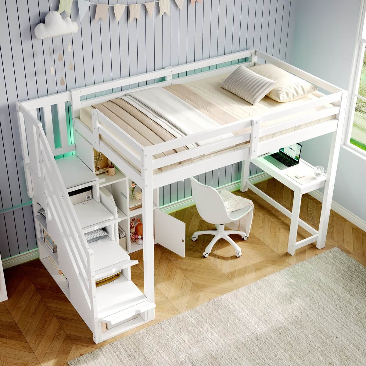 3ft Single Wooden Loft Bed with L-Shaped Desk - Kids Bed Frame with Storage Stairs, RGB LED Lights, Open Shelves and Built-In Storage Cabinet, Space-Saving Design, White