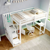 3ft Single Wooden Loft Bed with L-Shaped Desk - Kids Bed Frame with Storage Stairs, RGB LED Lights, Open Shelves and Built-In Storage Cabinet, Space-Saving Design, White