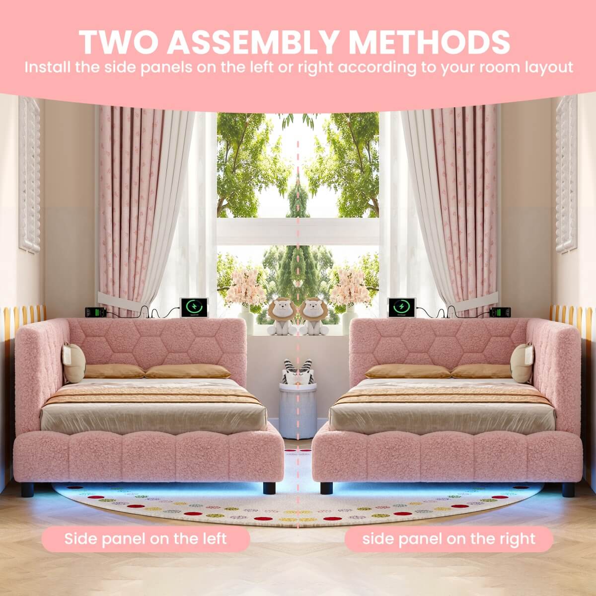 3ft Single Boucle Hydraulic Storage Bed - Side Opening Bed with RGB LED Lights and Charging Station, Pink