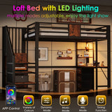 3ft Single Metal Loft Bed with LED Lights - High Sleeper Bed Frame with Built-In Desk, Charging Station, Pull-Out Fabric Storage Bins and Large Under-Bed Space, Black and Dark Walnut