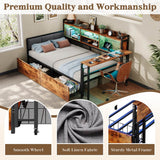 3ft Single Metal Bed Frame with Storage Drawers and Bookcase - L-Shaped Storage Bed with LED Lights, Charging Station, Linen Headboard and Folding Tabletop, Black and Dark Walnut