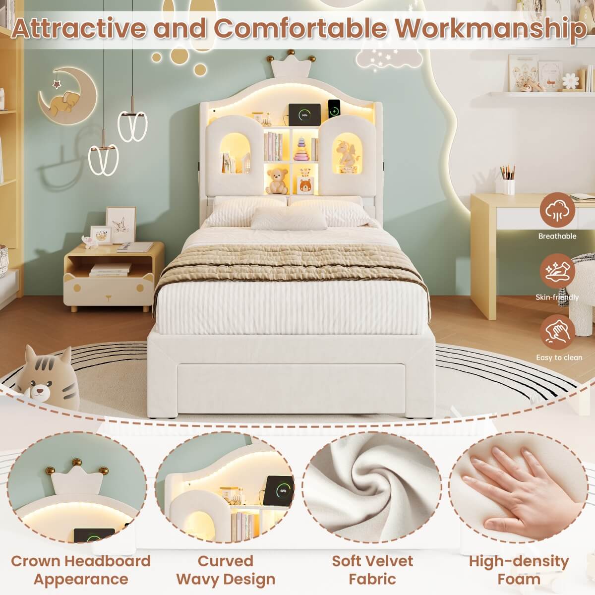 3ft Single Upholstered Storage Bed - Velvet Bed Frame with LED Headboard, Drawer Storage, USB & Type-C Charging Ports, Beige