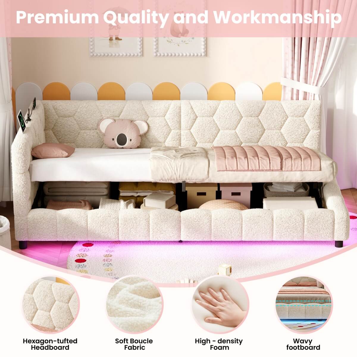 3ft Single Boucle Hydraulic Storage Bed - Side Opening Bed with RGB LED Lights and Charging Station, Beige