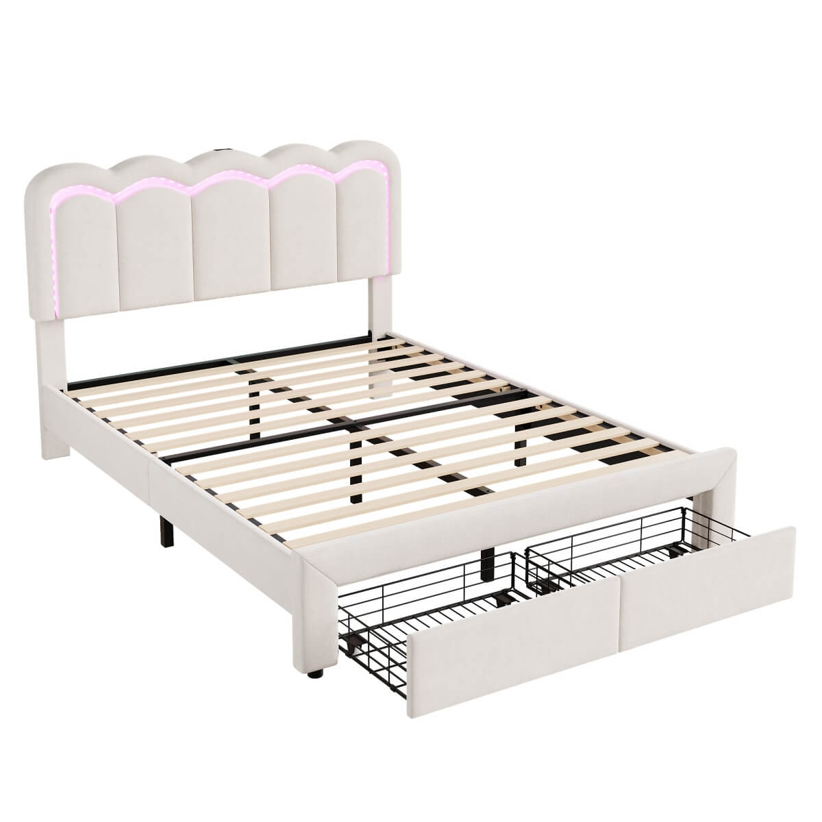4ft6 Double Velvet Bed Frame with LED Wavy Headboard - Upholstered Bed with Storage Drawers, Charging Station, Beige