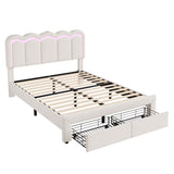 4ft6 Double Velvet Bed Frame with LED Wavy Headboard - Upholstered Bed with Storage Drawers, Charging Station, Beige