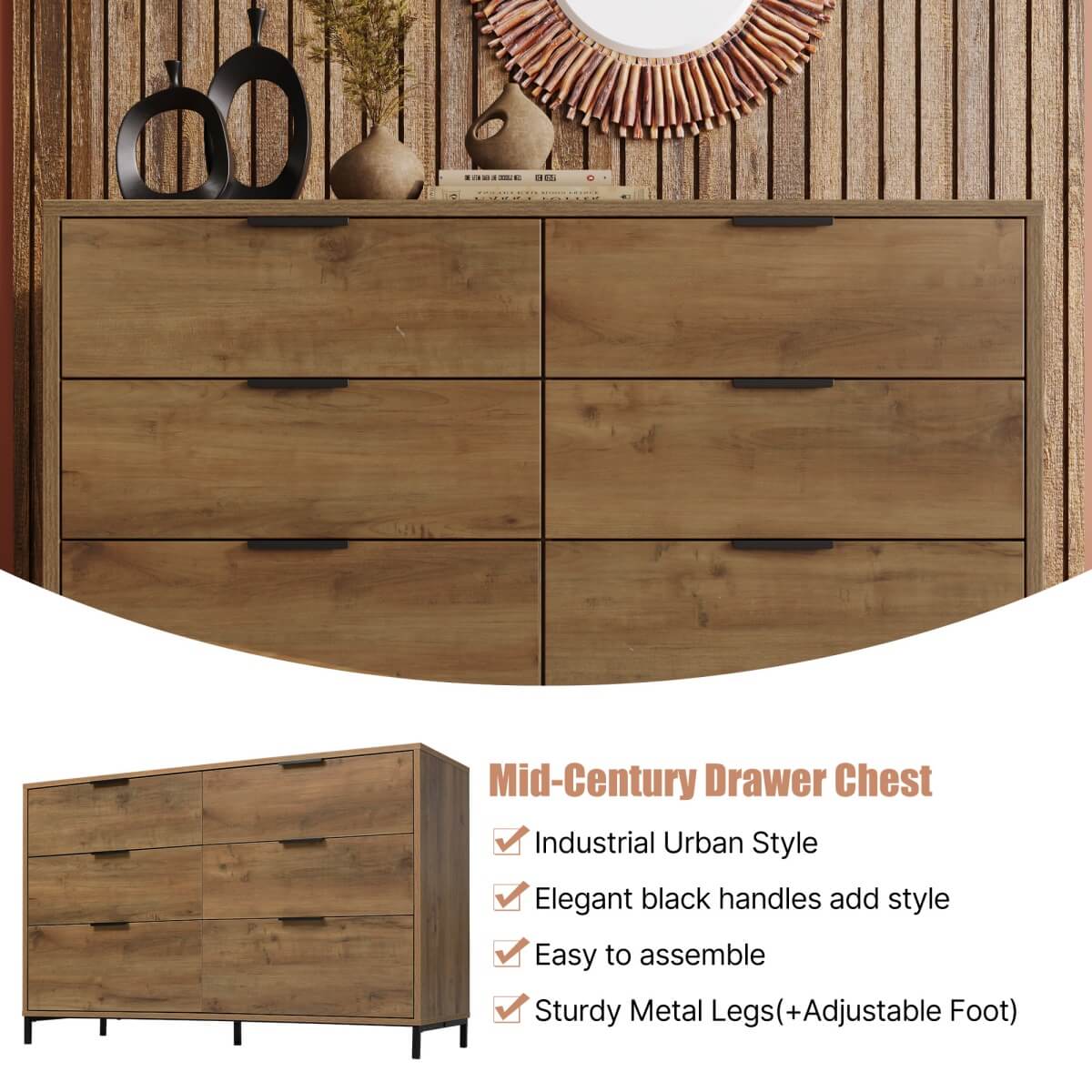 Sideboard Cabinet with 6 Drawers - Dark Oak Storage Unit