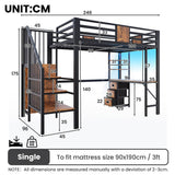 3ft Single Metal Loft Bed with LED Lights - High Sleeper Bed Frame with Built-In Desk, Charging Station, Pull-Out Fabric Storage Bins and Large Under-Bed Space, Black and Dark Walnut