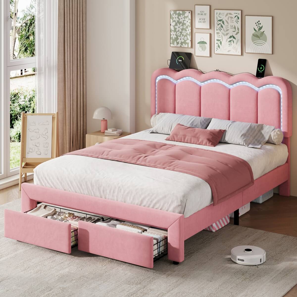 4ft6 Double Velvet Bed Frame with LED Wavy Headboard - Upholstered Bed with Storage Drawers, Charging Station, Pink