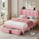 4ft6 Double Velvet Bed Frame with LED Wavy Headboard - Upholstered Bed with Storage Drawers, Charging Station, Pink