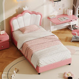 3ft Single Upholstered Bed Frame with Adjustable Crown Headboard - PU Platform Bed with Sturdy Support, No Box Spring Required, Pink and White