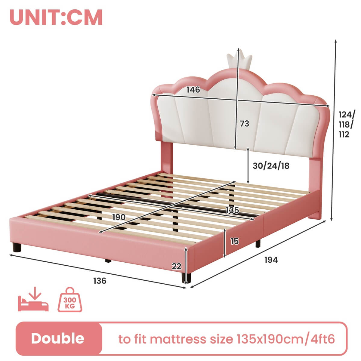 4ft6 Double Upholstered Bed Frame with Adjustable Crown Headboard - PU Platform Bed with Sturdy Support, Easy Assembly, Pink and White