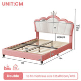 4ft6 Double Upholstered Bed Frame with Adjustable Crown Headboard - PU Platform Bed with Sturdy Support, Easy Assembly, Pink and White