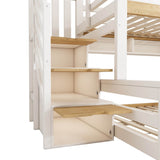 Kids Bunk Bed with Stairs - Storage Drawers, House Design, Solid Wood, White and Natural