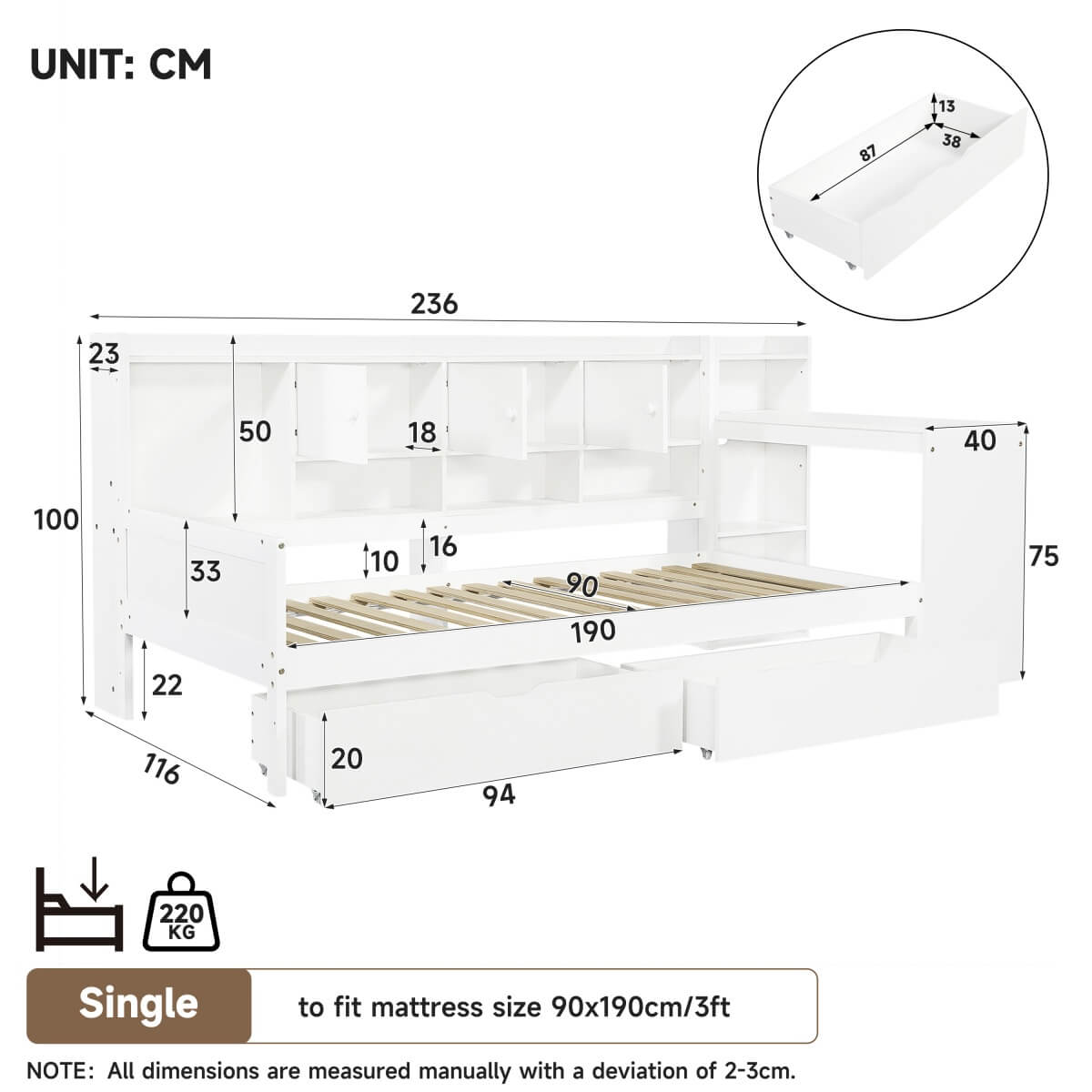 3ft Single Daybed with Storage Drawers & Bookcase – White Wooden Bed Frame with Desk and Charging Station