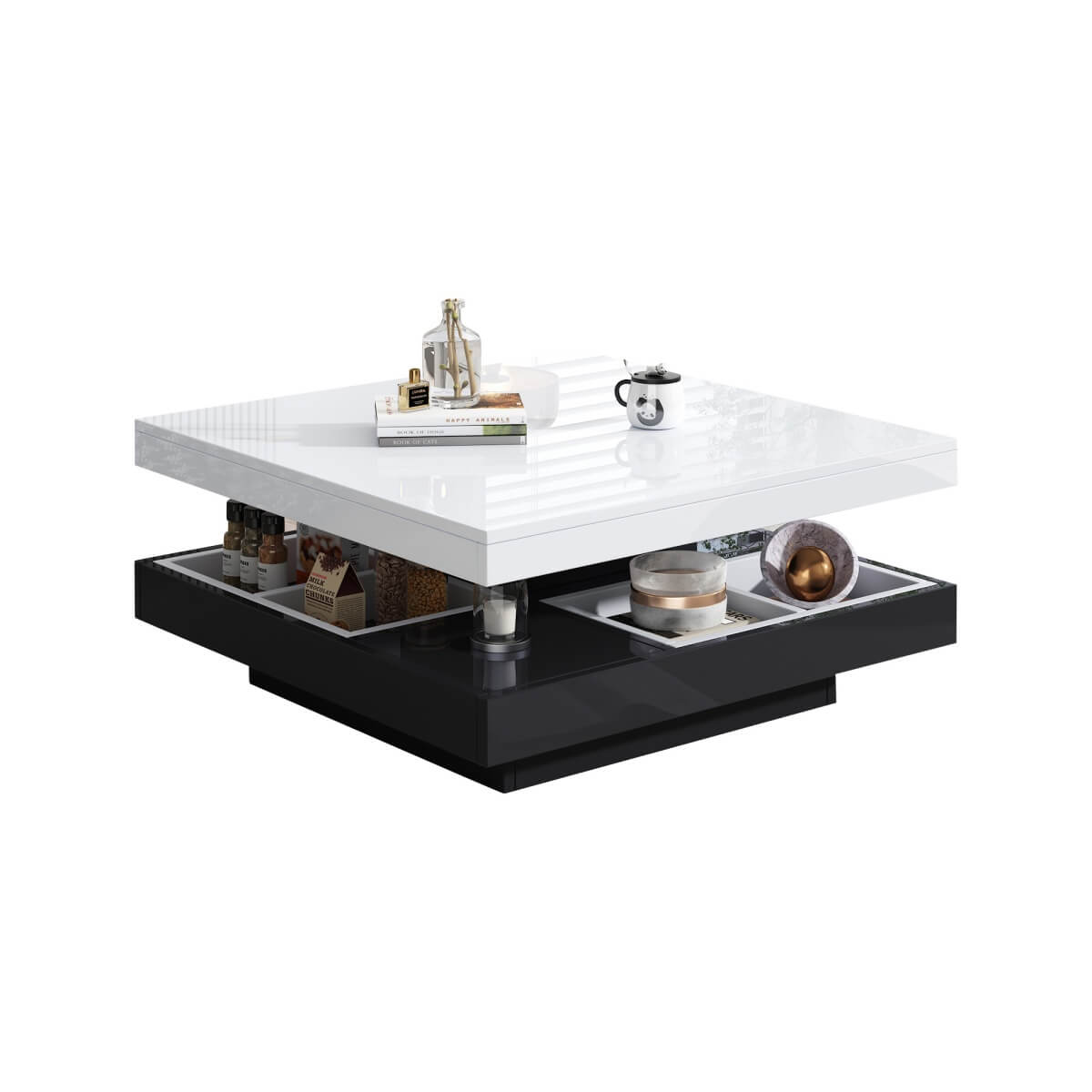 360° Rotating Coffee Table – High Gloss Storage Table with Compartments, Marble Effect