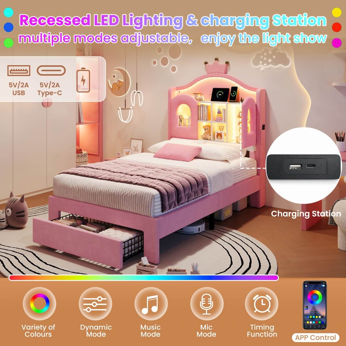 3ft Single Upholstered Storage Bed - Velvet Bed Frame with LED Headboard, Drawer Storage, USB & Type-C Charging Ports, Pink