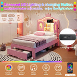 3ft Single Upholstered Storage Bed - Velvet Bed Frame with LED Headboard, Drawer Storage, USB & Type-C Charging Ports, Pink