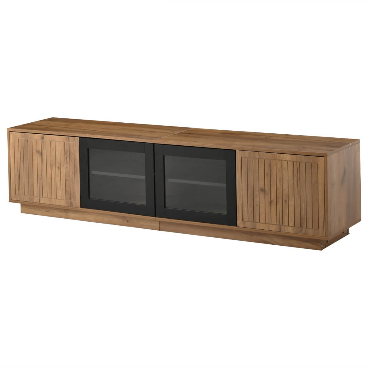 180cm TV Unit for TVs up to 75 Inch - Natural Wood Effect and Black TV Stand with Glass Doors, LED Light Strip and Large Storage Cabinets