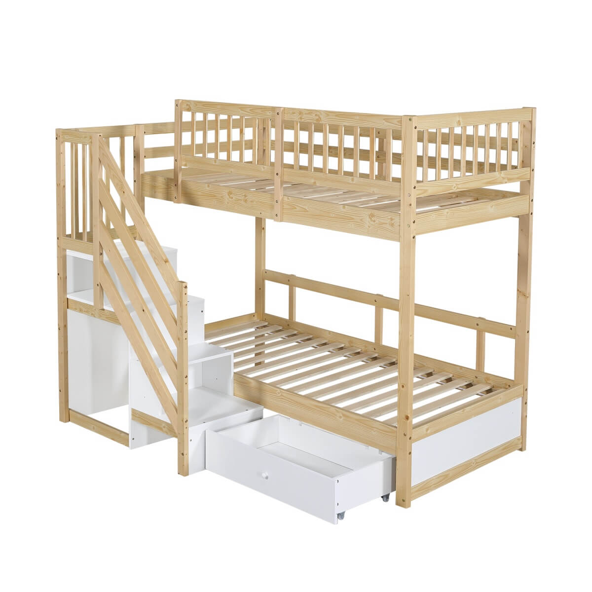 3ft Single over Single Wooden Bunk Bed - Storage Staircase with Open Compartments, Drawer Storage and Full-Length Safety Guard Rails, Natural Wood and White