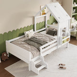 3ft Single Wooden House Bed - Star-Shaped Roof, Low-Level Stairs, Window and Built-In Bookcase, White