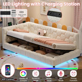 3ft Single Boucle Hydraulic Storage Bed - Side Opening Bed with RGB LED Lights and Charging Station, Beige