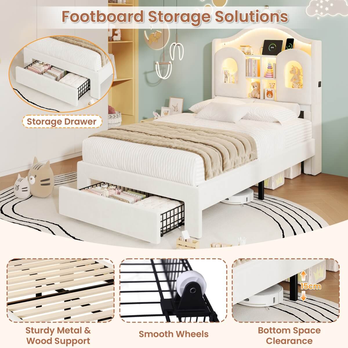 3ft Single Upholstered Storage Bed - Velvet Bed Frame with LED Headboard, Drawer Storage, USB & Type-C Charging Ports, Beige