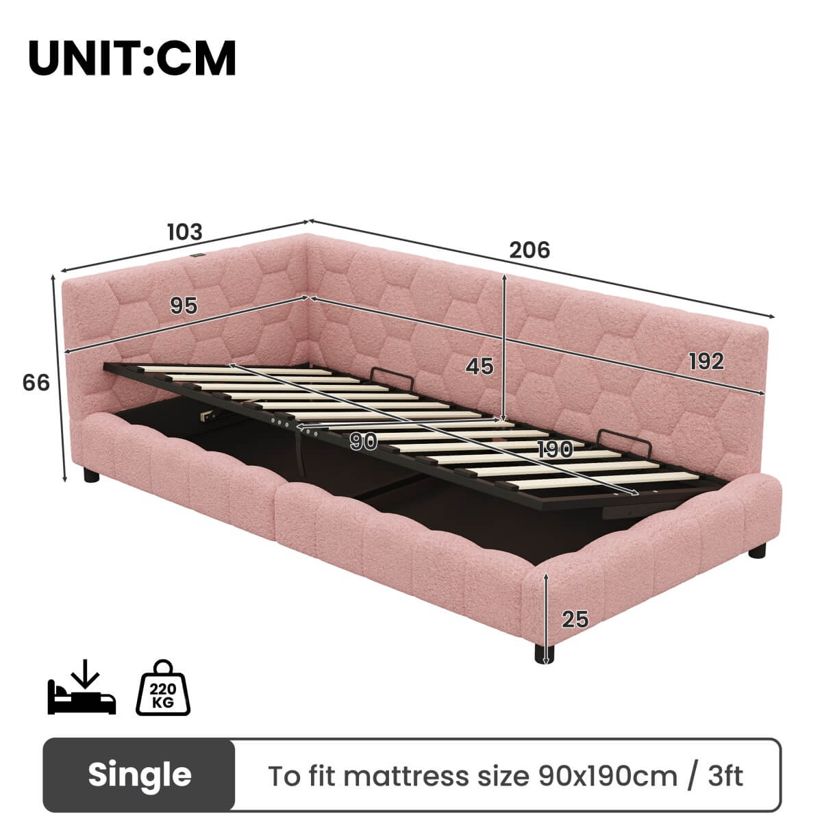 3ft Single Boucle Hydraulic Storage Bed - Side Opening Bed with RGB LED Lights and Charging Station, Pink