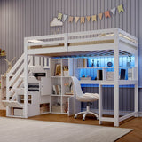 3ft Single Wooden Loft Bed with L-Shaped Desk - Kids Bed Frame with Storage Stairs, RGB LED Lights, Open Shelves and Built-In Storage Cabinet, Space-Saving Design, White