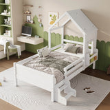 3ft Single Wooden House Bed - Star-Shaped Roof, Low-Level Stairs, Window and Built-In Bookcase, White