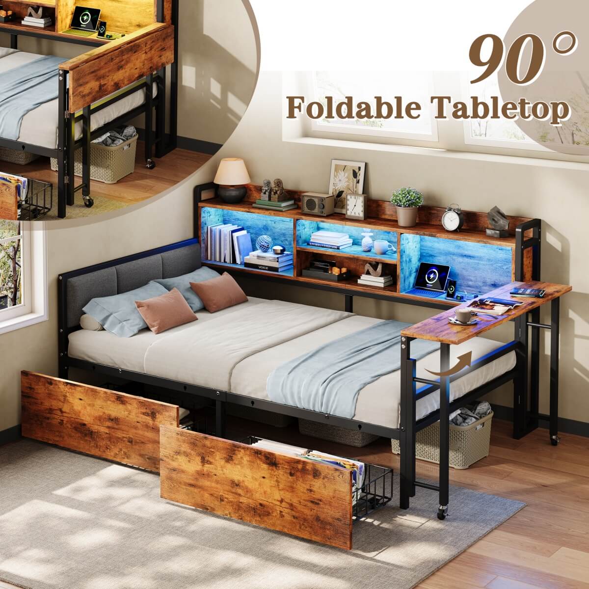 3ft Single Metal Bed Frame with Storage Drawers and Bookcase - L-Shaped Storage Bed with LED Lights, Charging Station, Linen Headboard and Folding Tabletop, Black and Dark Walnut