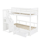 3ft Single over Single Wooden Bunk Bed - Storage Staircase with Open Compartments, Drawer Storage and Full-Length Safety Guard Rails, White