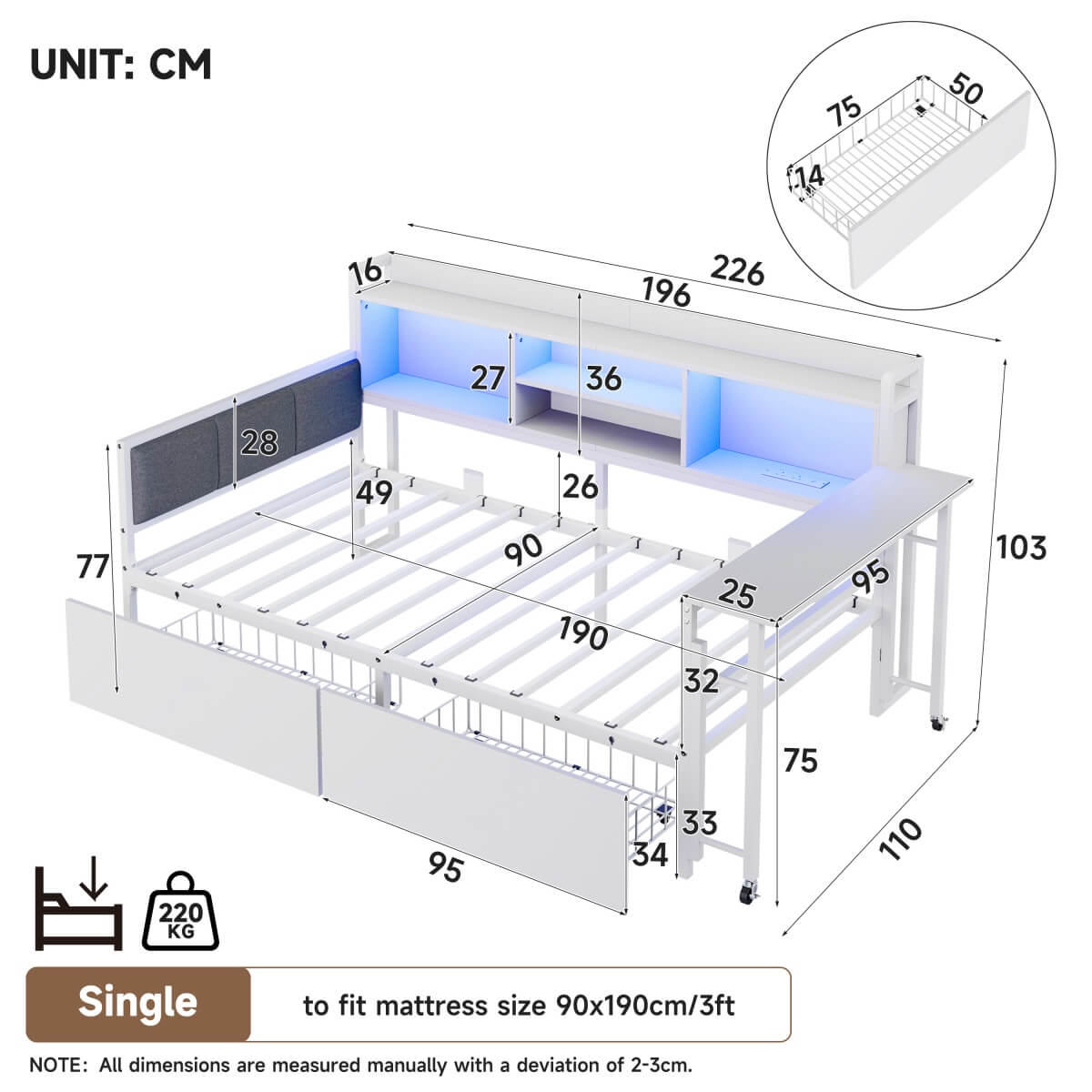 3ft Single Metal Bed Frame with Storage Drawers and Bookcase - L-Shaped Storage Bed with LED Lights, Charging Station, Linen Headboard and 90-Degree Folding Table, White