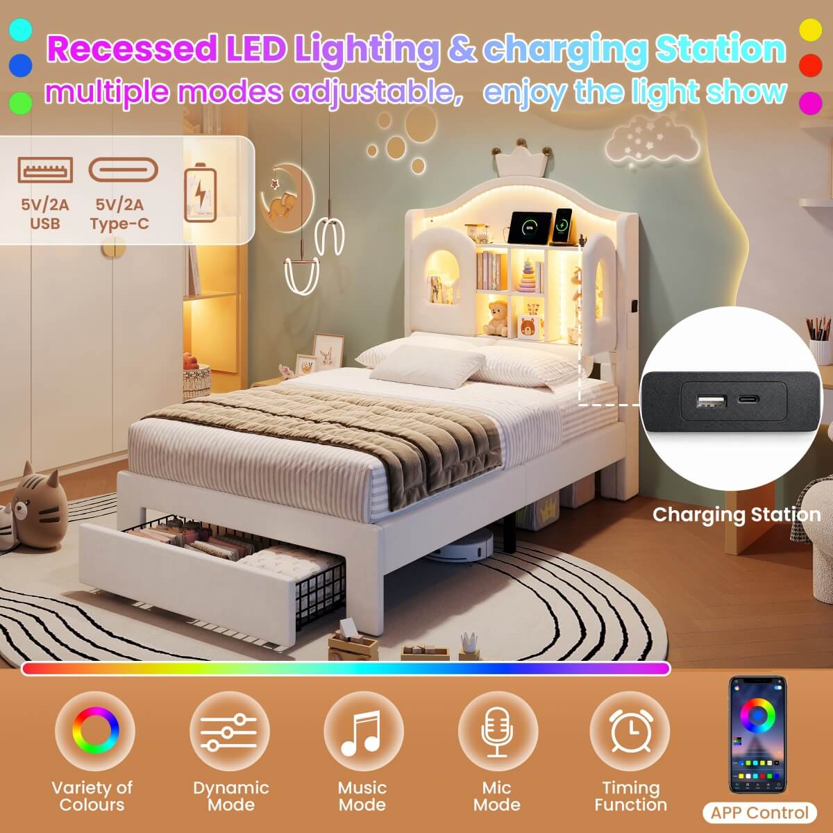 3ft Single Upholstered Storage Bed - Velvet Bed Frame with LED Headboard, Drawer Storage, USB & Type-C Charging Ports, Beige
