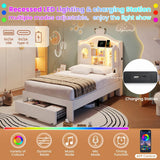 3ft Single Upholstered Storage Bed - Velvet Bed Frame with LED Headboard, Drawer Storage, USB & Type-C Charging Ports, Beige