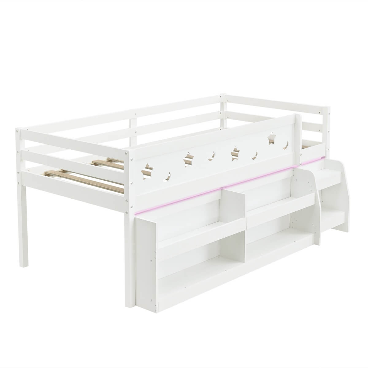 3ft Single Wooden Mid Sleeper Bed with LED Lights - Kids Bed Frame with Storage Stairs, Shelf, Under-Bed Space, Safety Guard Rails and Moon and Star Design, White