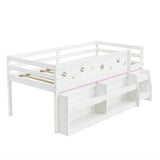 3ft Single Wooden Mid Sleeper Bed with LED Lights - Kids Bed Frame with Storage Stairs, Shelf, Under-Bed Space, Safety Guard Rails and Moon and Star Design, White