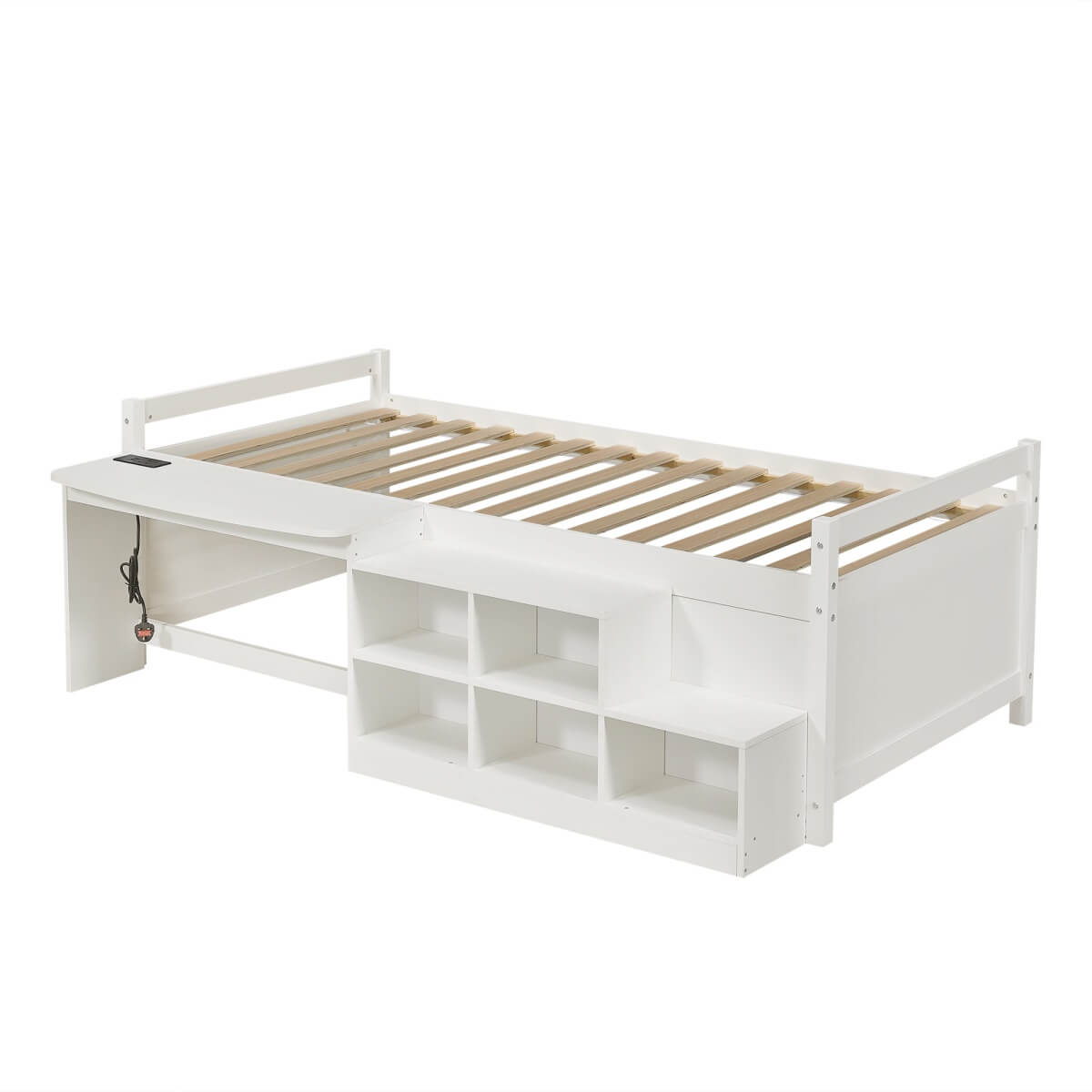 3ft Single Wooden Bed Frame with Storage - Modern Bed with Built-In Desk, Storage Compartments and USB and Type-C Charging Station, White