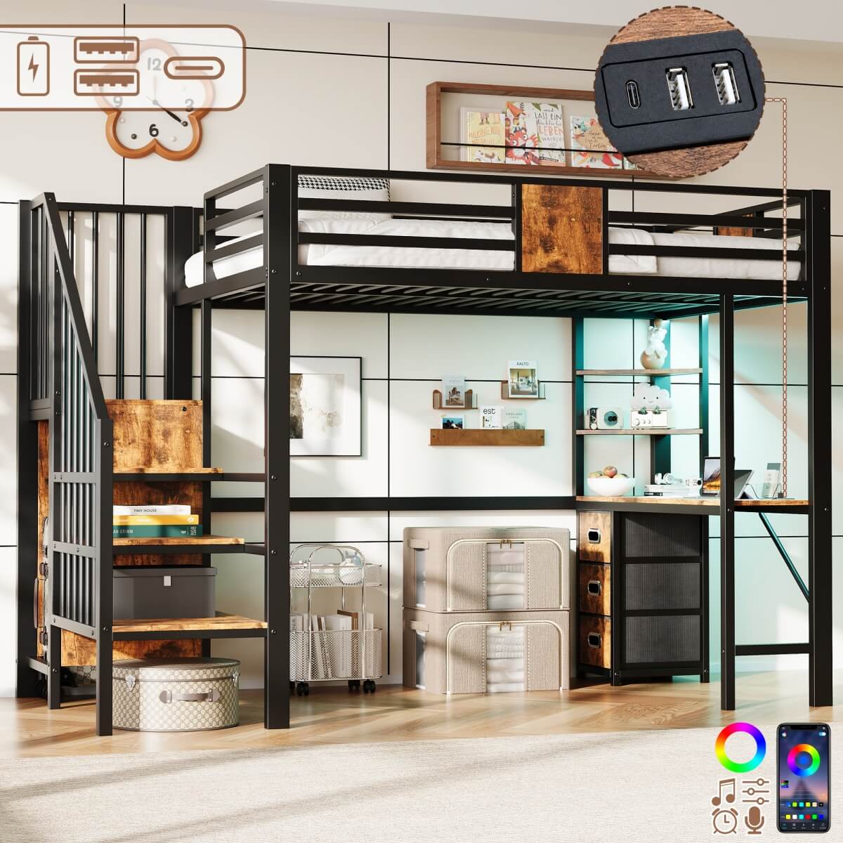 3ft Single Metal Loft Bed with LED Lights - High Sleeper Bed Frame with Built-In Desk, Charging Station, Pull-Out Fabric Storage Bins and Large Under-Bed Space, Black and Dark Walnut