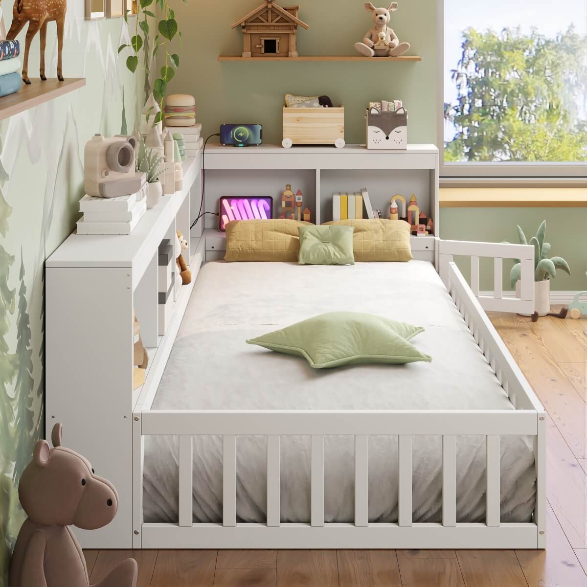 3ft Single Floor Bed Frame with Bookcase & Storage Shelves - Full Floor Bed with Guardrails, Door & USB/Type-C Ports, White