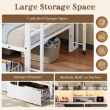 3ft Single Metal Bed Frame with Storage Drawers and Bookcase - L-Shaped Storage Bed with LED Lights, Charging Station, Linen Headboard and 90-Degree Folding Table, White