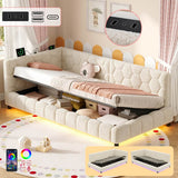 3ft Single Boucle Hydraulic Storage Bed - Side Opening Bed with RGB LED Lights and Charging Station, Beige
