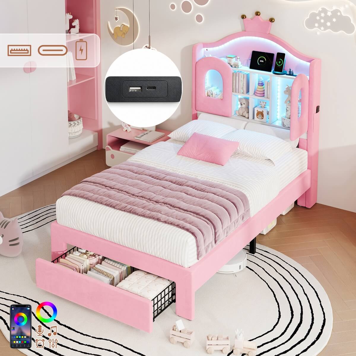 3ft Single Upholstered Storage Bed - Velvet Bed Frame with LED Headboard, Drawer Storage, USB & Type-C Charging Ports, Pink