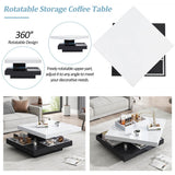 360° Rotating Coffee Table – High Gloss Storage Table with Compartments, Marble Effect