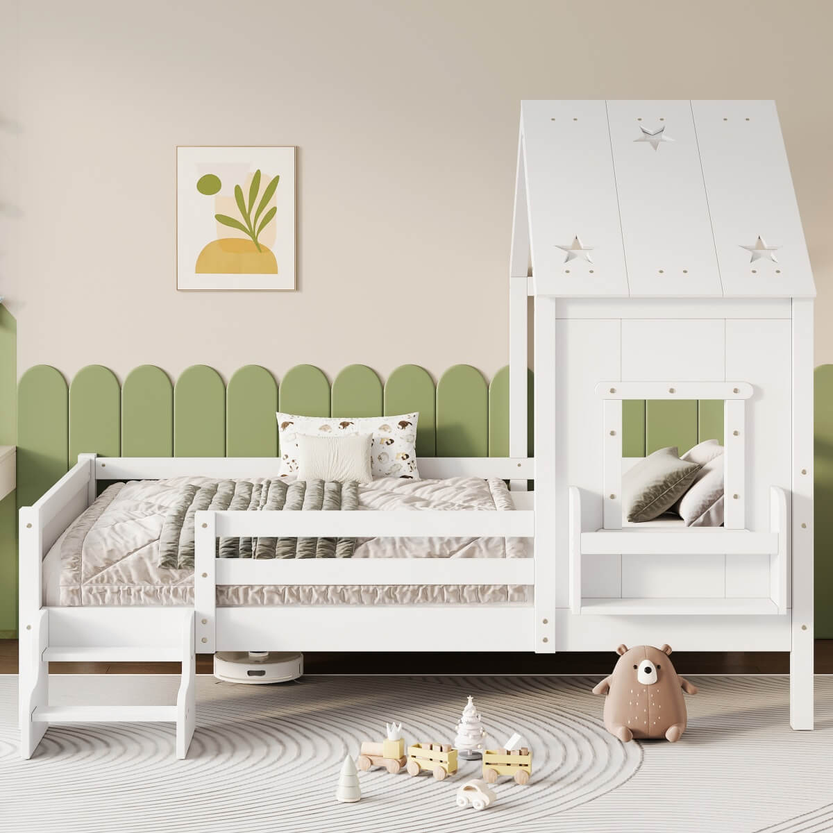 3ft Single Wooden House Bed - Star-Shaped Roof, Low-Level Stairs, Window and Built-In Bookcase, White
