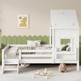 3ft Single Wooden House Bed - Star-Shaped Roof, Low-Level Stairs, Window and Built-In Bookcase, White