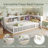 3ft Single Floor Bed Frame with Bookcase & Storage Shelves - Full Floor Bed with Guardrails, Door & USB/Type-C Ports, White